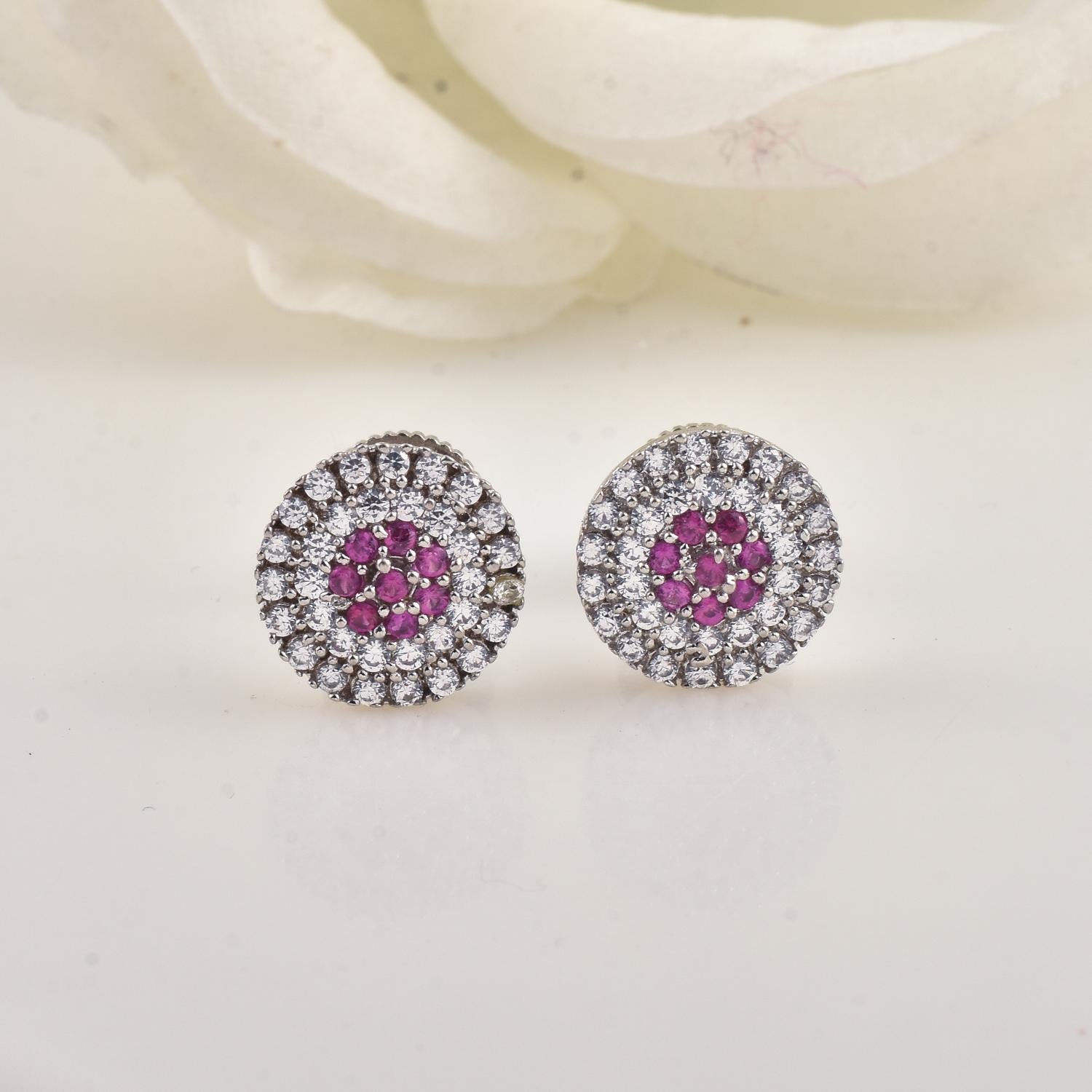 Micro Pave Halo Pink CZ Yellow Gold Plated Brass Stud Earrings