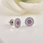 Micro Pave Halo Pink CZ Yellow Gold Plated Brass Stud Earrings