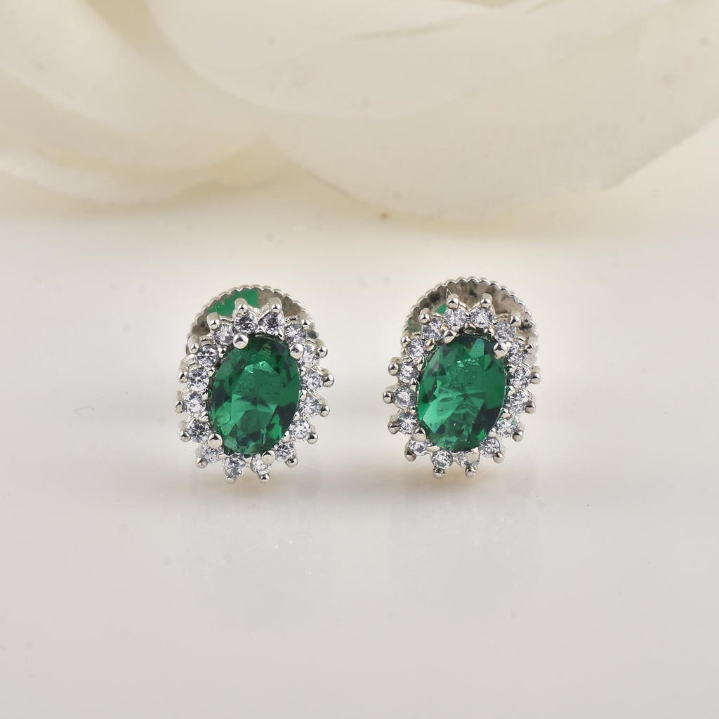 Classic Halo Oval Green CZ Brass Stud Earrings