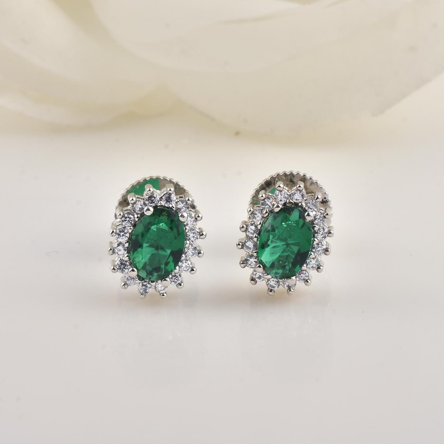 Classic Halo Oval Green CZ Brass Stud Earrings