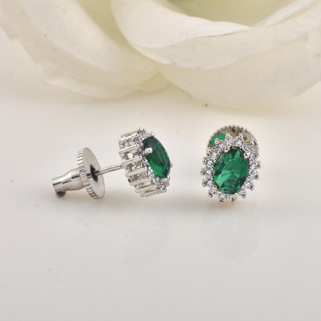 Classic Halo Oval Green CZ Brass Stud Earrings