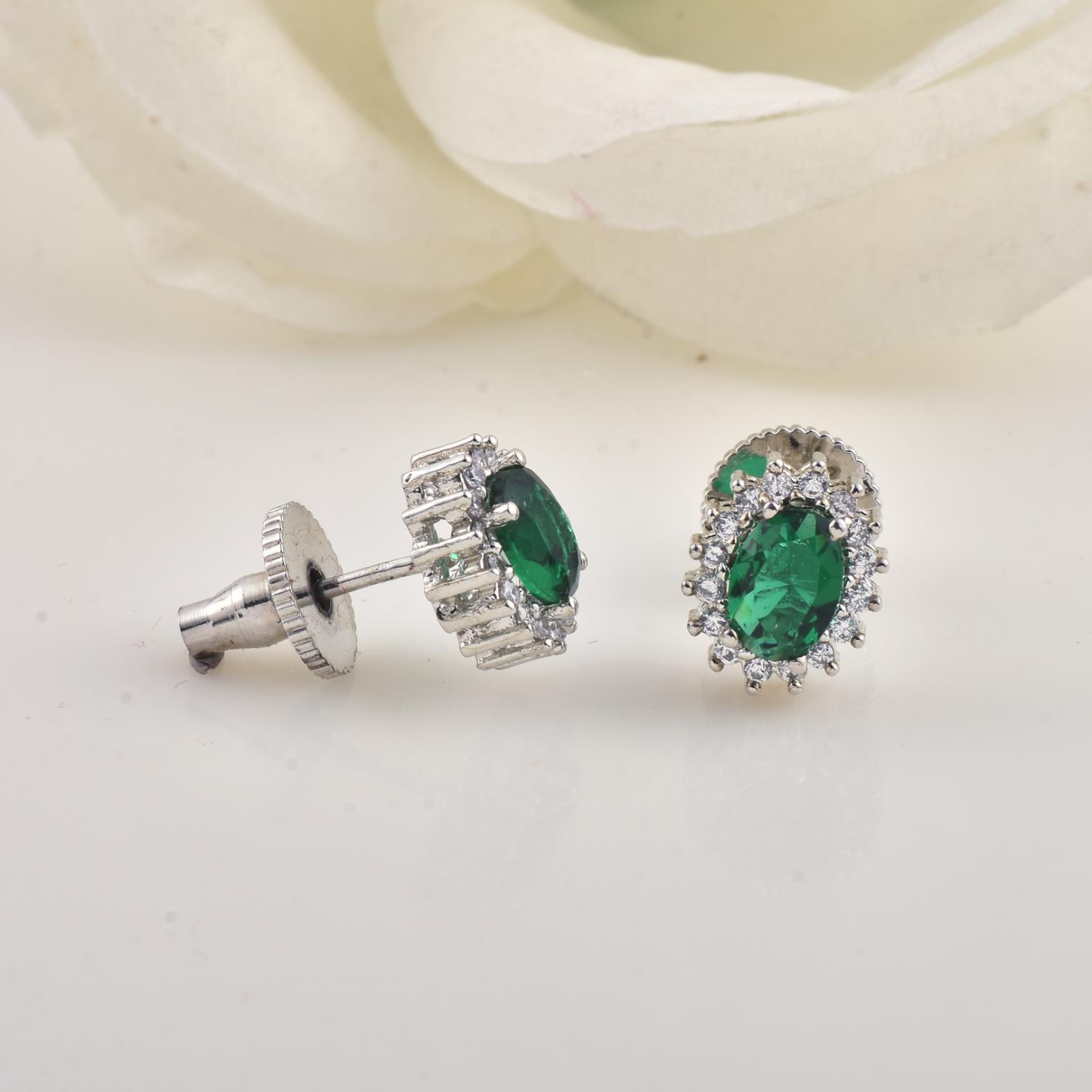 Classic Halo Oval Green CZ Brass Stud Earrings