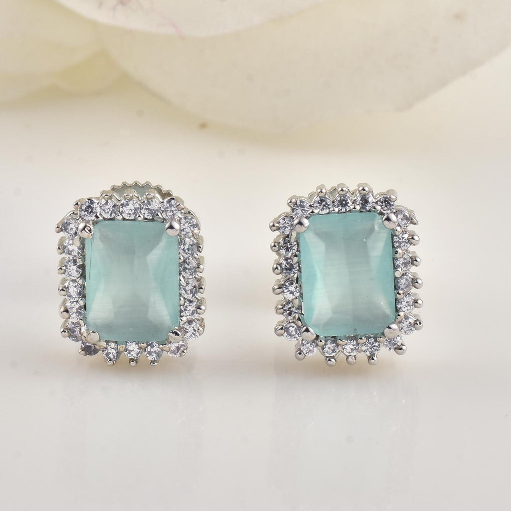 Emerald Cut Halo Aquamarine CZ Brass Stud Earrings