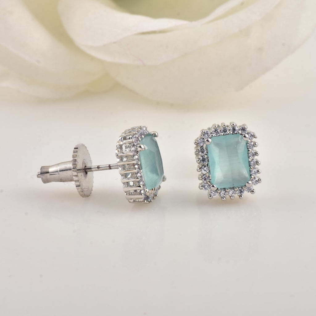 Emerald Cut Halo Aquamarine CZ Brass Stud Earrings