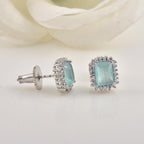 Emerald Cut Halo Aquamarine CZ Brass Stud Earrings