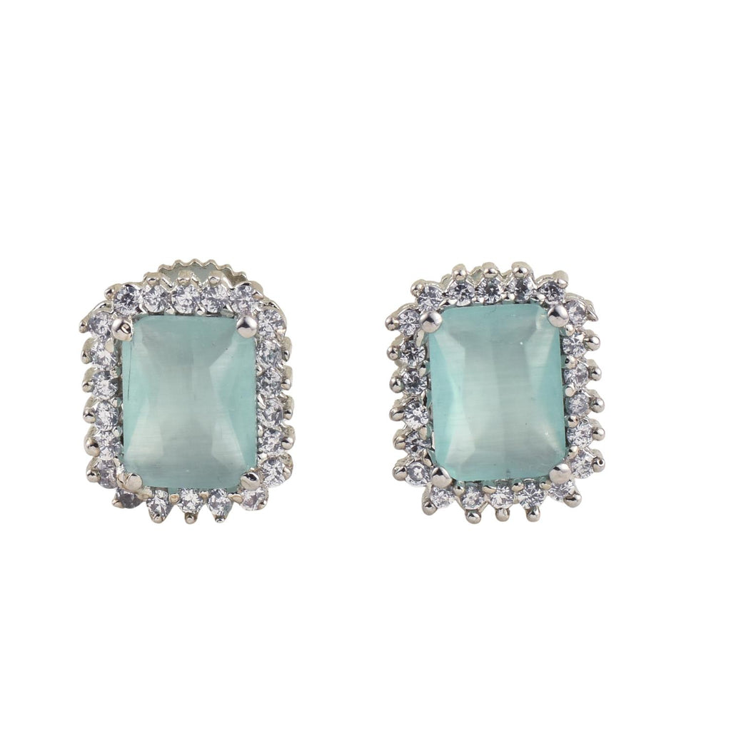 Emerald Cut Halo Aquamarine CZ Brass Stud Earrings