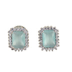 Emerald Cut Halo Aquamarine CZ Brass Stud Earrings