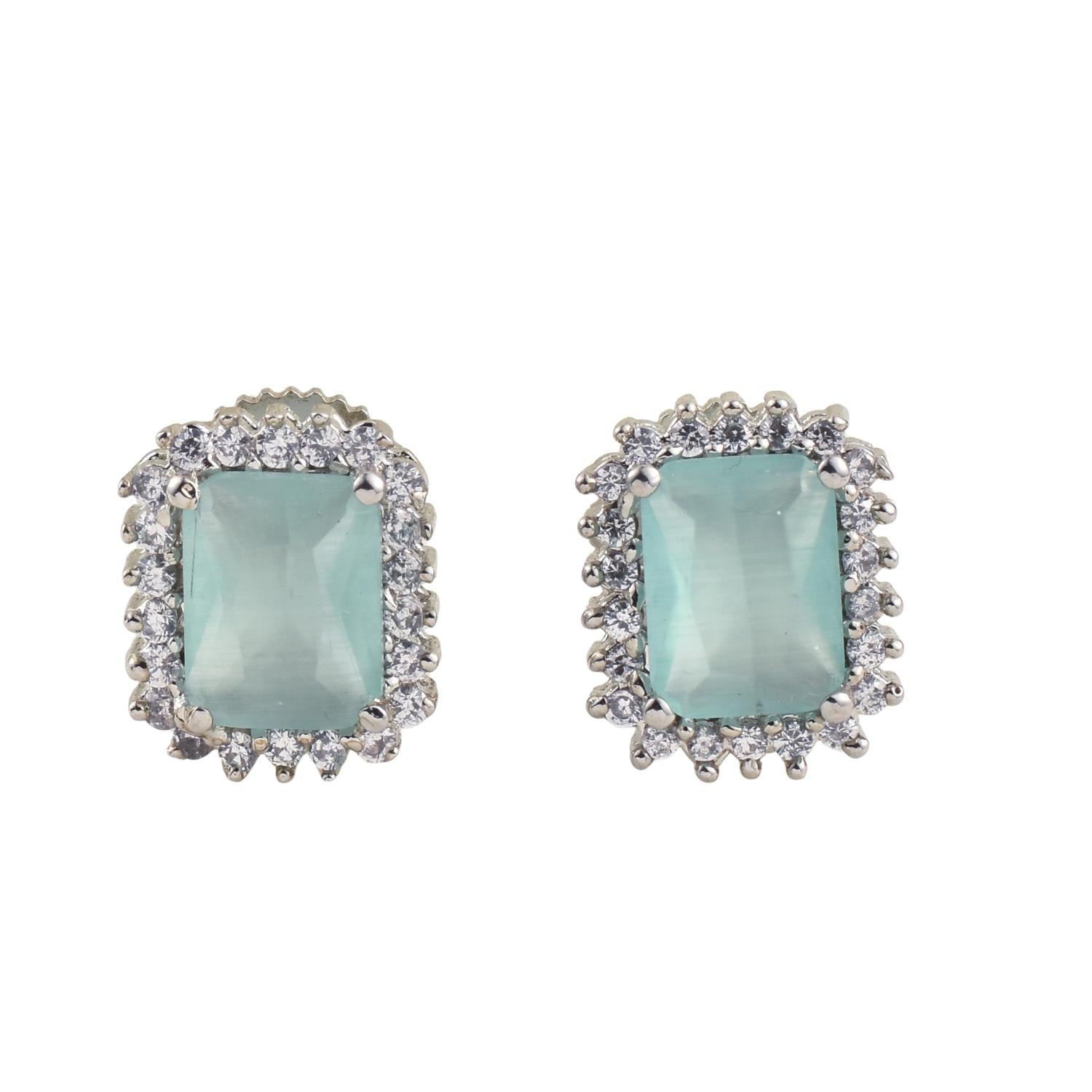 Emerald Cut Halo Aquamarine CZ Brass Stud Earrings