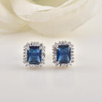 Emerald Cut Halo Blue CZ Brass Stud Earrings