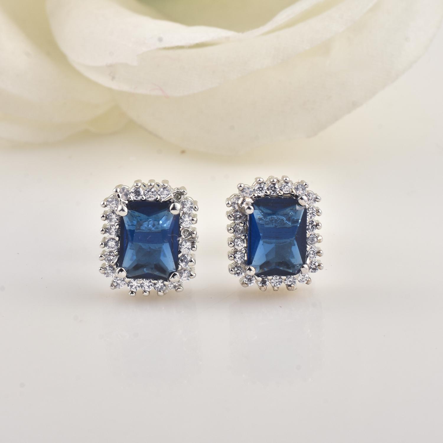 Emerald Cut Halo Blue CZ Brass Stud Earrings