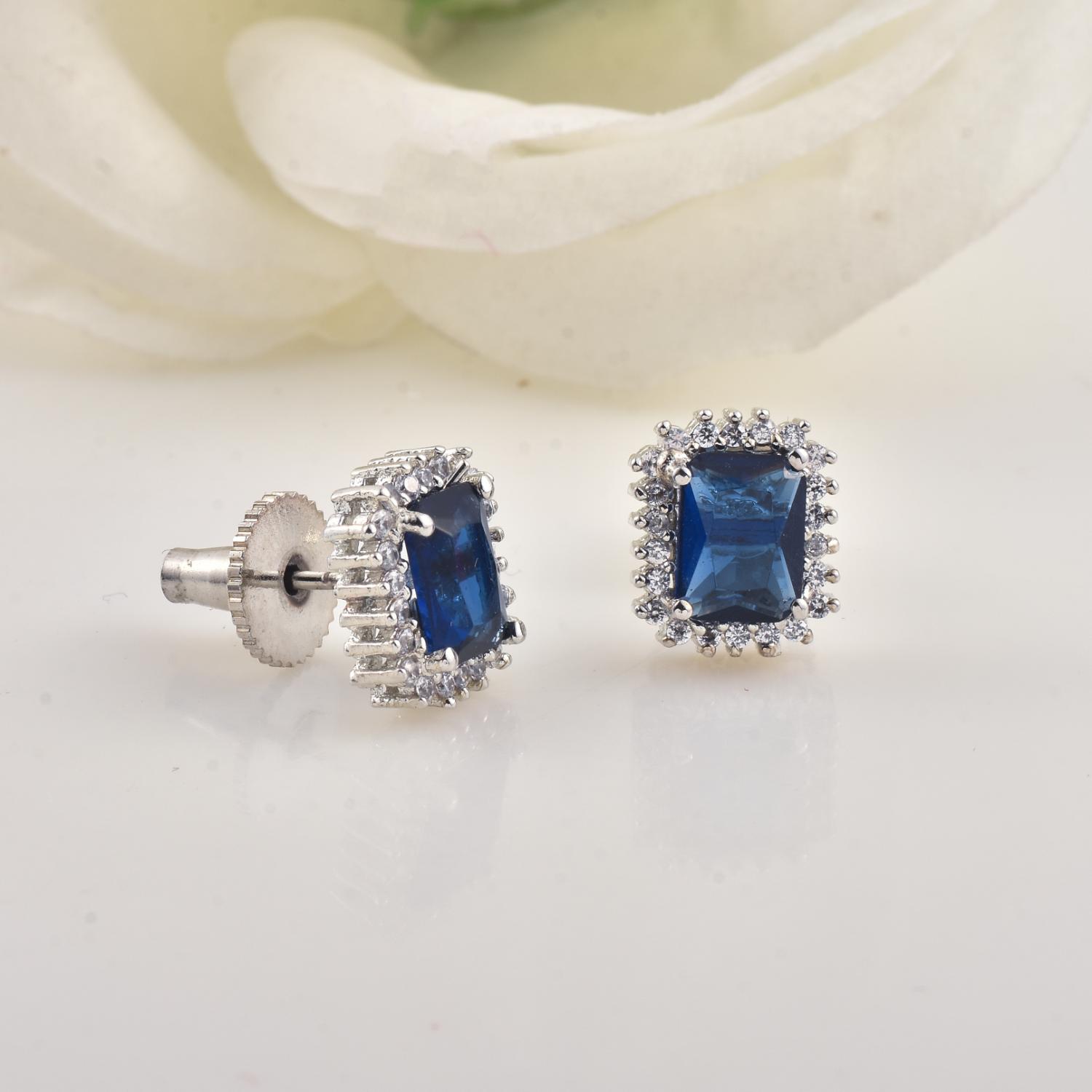 Emerald Cut Halo Blue CZ Brass Stud Earrings