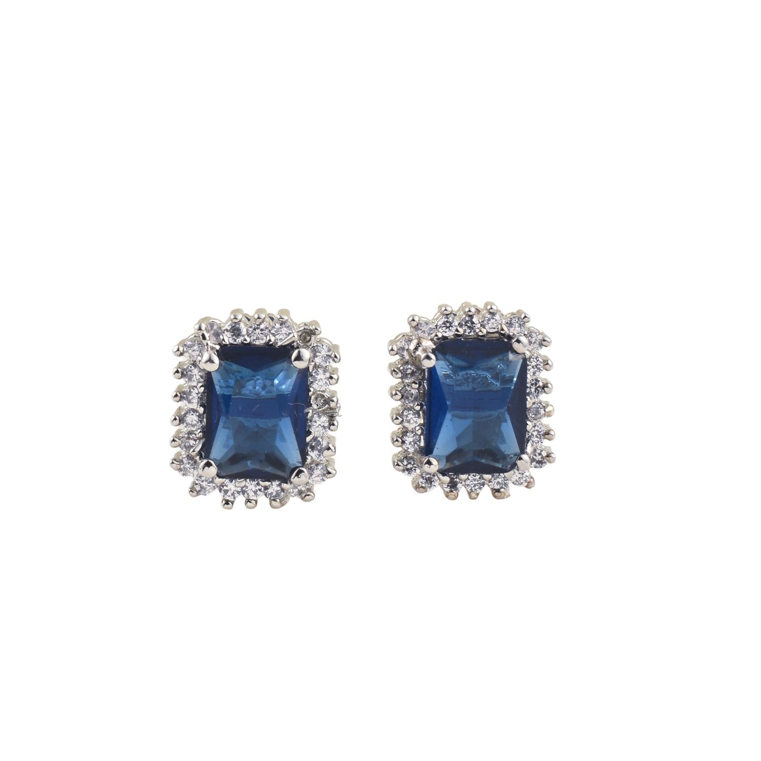 Emerald Cut Halo Blue CZ Brass Stud Earrings