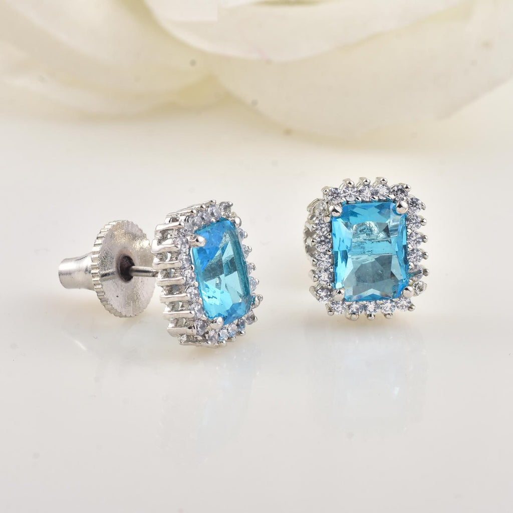 Emerald Cut Halo Swiss Blue Topaz Brass Stud Earrings