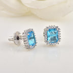Emerald Cut Halo Swiss Blue Topaz Brass Stud Earrings