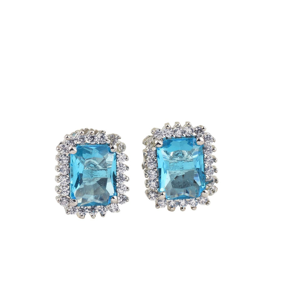 Emerald Cut Halo Swiss Blue Topaz Brass Stud Earrings
