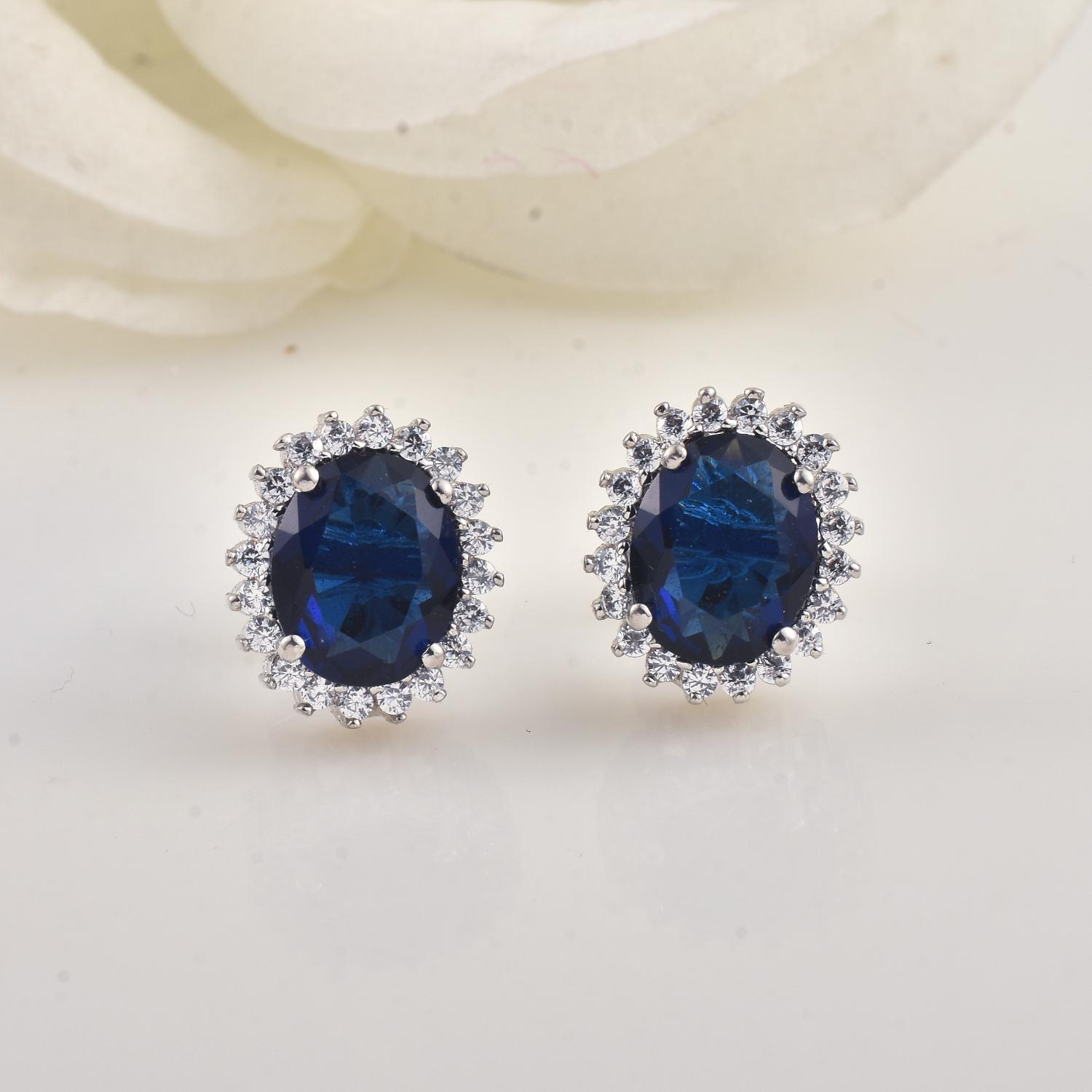 Oval Blue CZ Halo Brass Stud Earrings