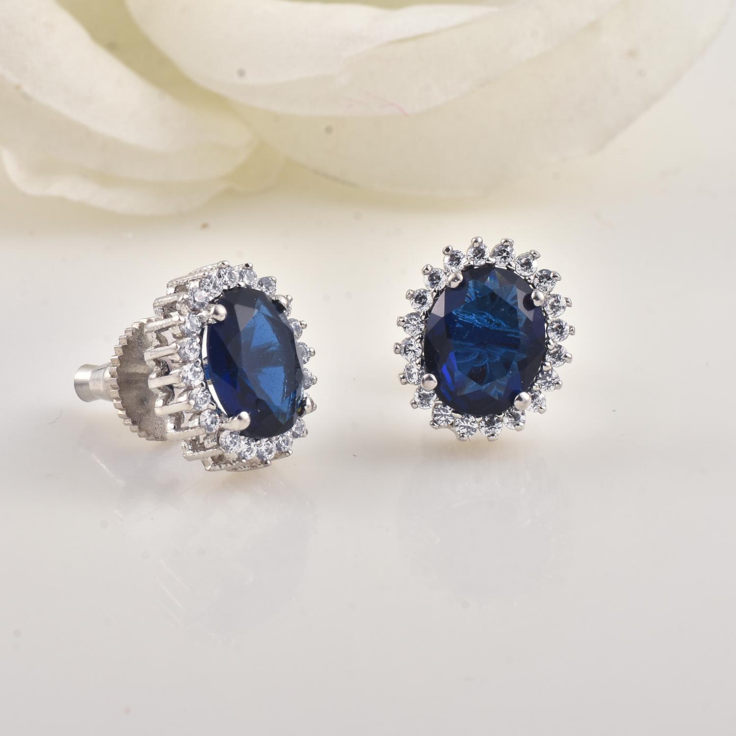 Oval Blue CZ Halo Brass Stud Earrings