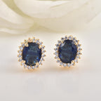 Oval Blue CZ Halo Brass Stud Earrings - Yellow Plated