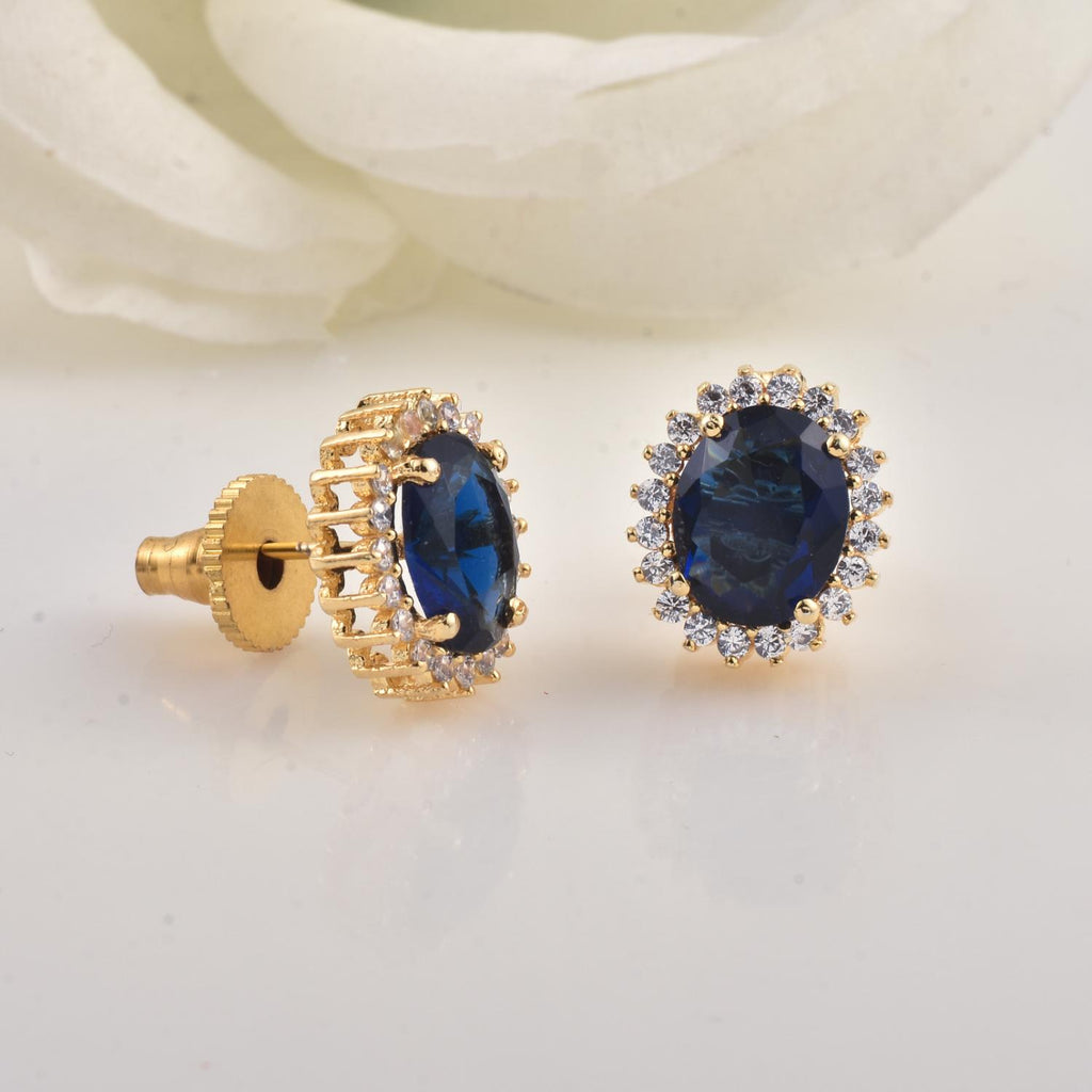Oval Blue CZ Halo Brass Stud Earrings - Yellow Plated