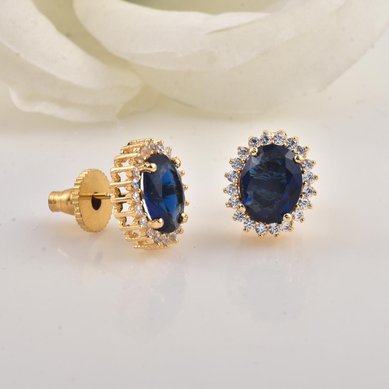 Oval Blue CZ Halo Brass Stud Earrings - Yellow Plated