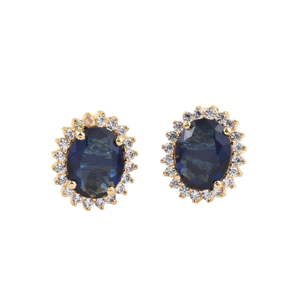 Oval Blue CZ Halo Brass Stud Earrings - Yellow Plated