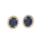 Oval Blue CZ Halo Brass Stud Earrings - Yellow Plated