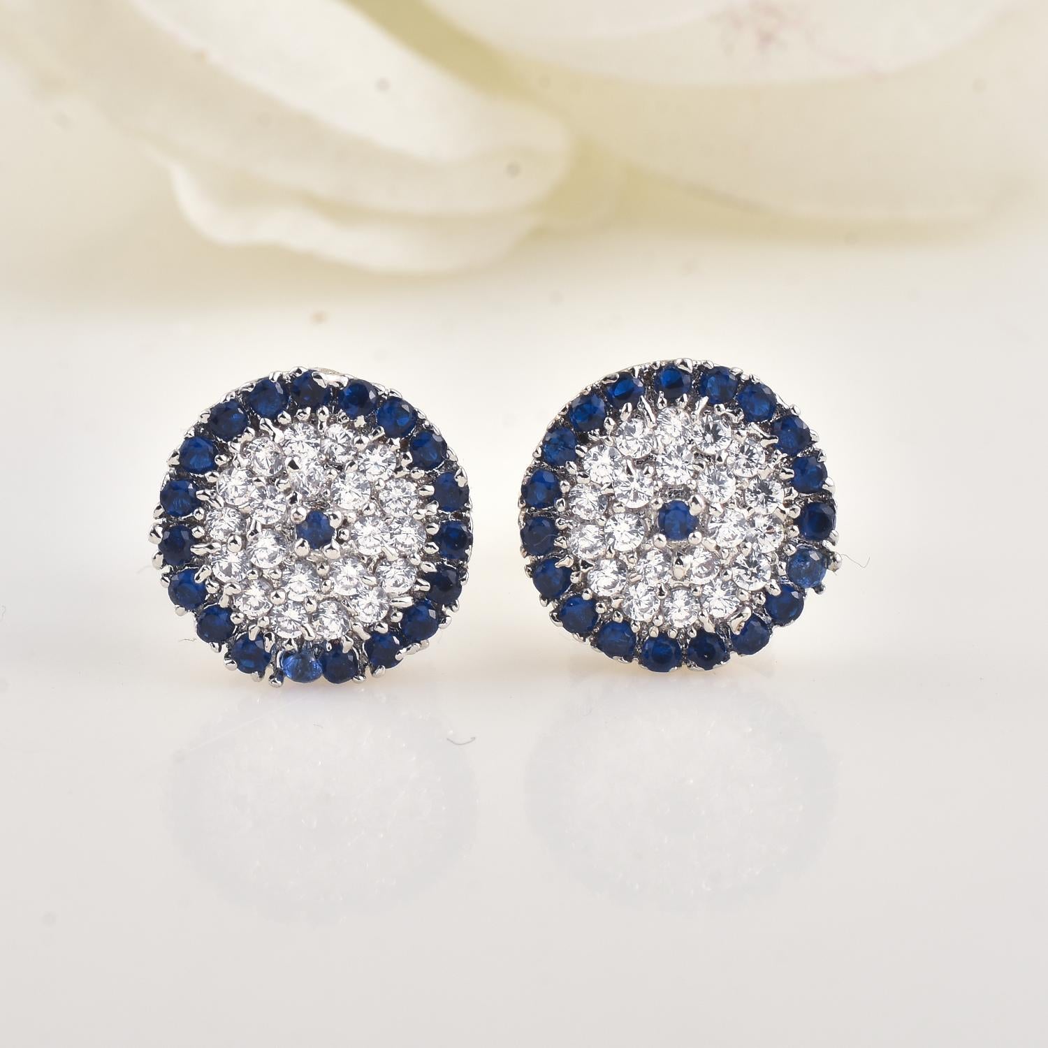 Round Blue CZ Cluster Halo Brass Stud Earrings