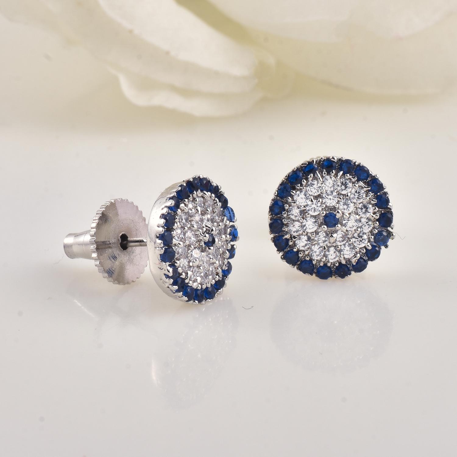 Round Blue CZ Cluster Halo Brass Stud Earrings