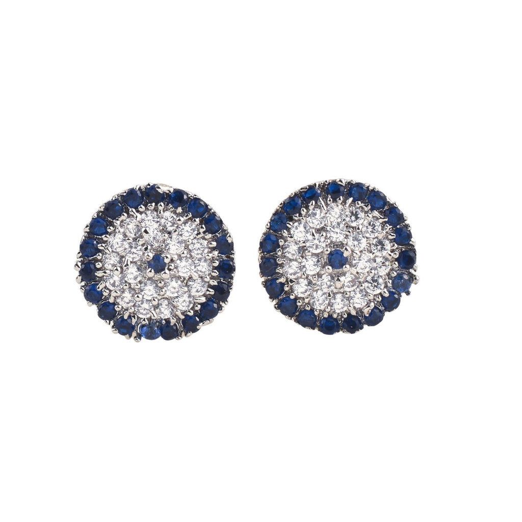 Round Blue CZ Cluster Halo Brass Stud Earrings