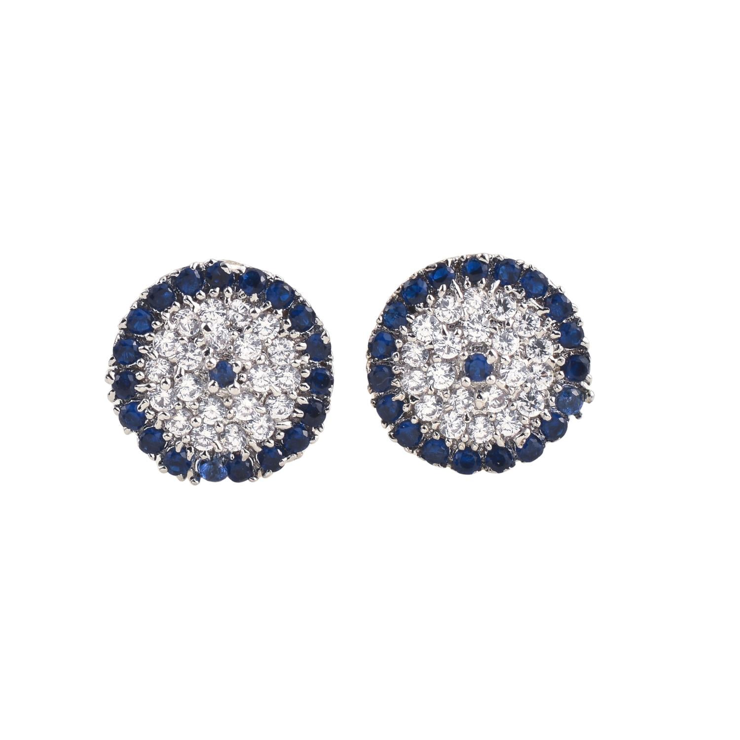 Round Blue CZ Cluster Halo Brass Stud Earrings