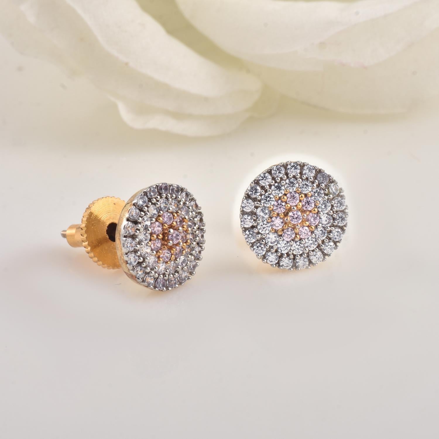 Round Light Pink Cz Cluster Halo Brass Stud Earrings