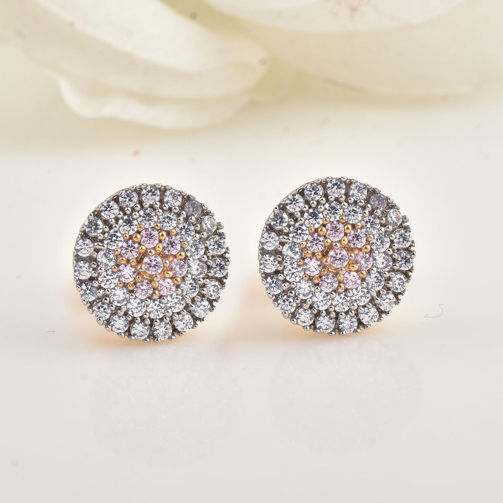 Round Light Pink Cz Cluster Halo Brass Stud Earrings