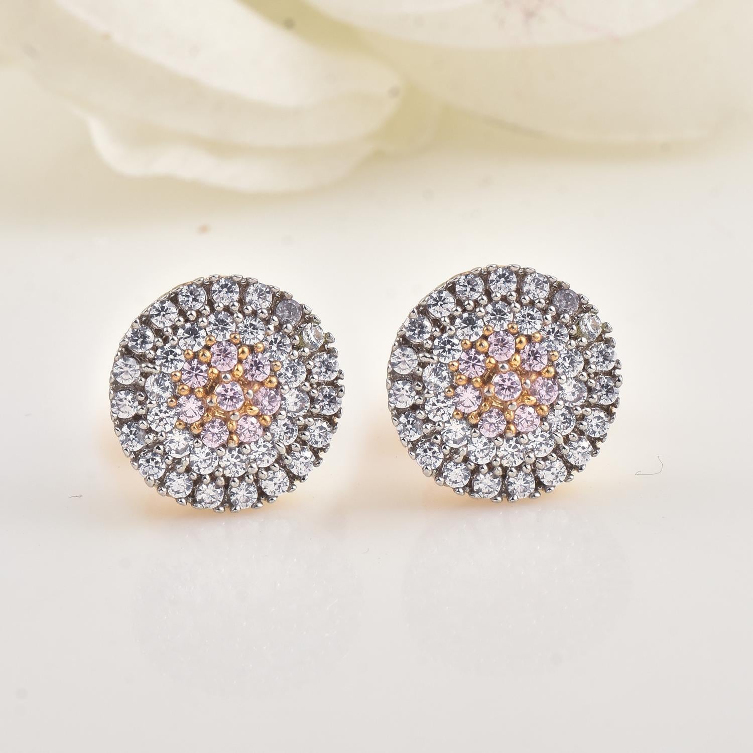 Round Light Pink Cz Cluster Halo Brass Stud Earrings