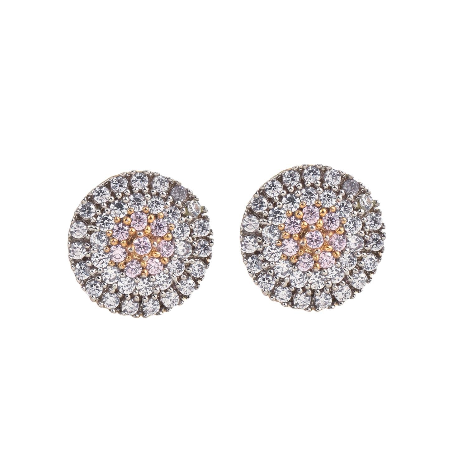 Round Light Pink Cz Cluster Halo Brass Stud Earrings
