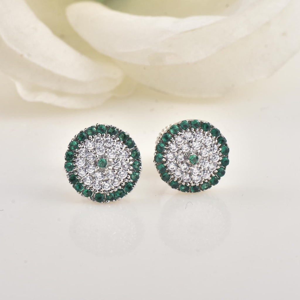 Round Green Cz Cluster Halo Brass Stud Earrings