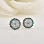 Round Green Cz Cluster Halo Brass Stud Earrings
