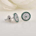 Round Green Cz Cluster Halo Brass Stud Earrings