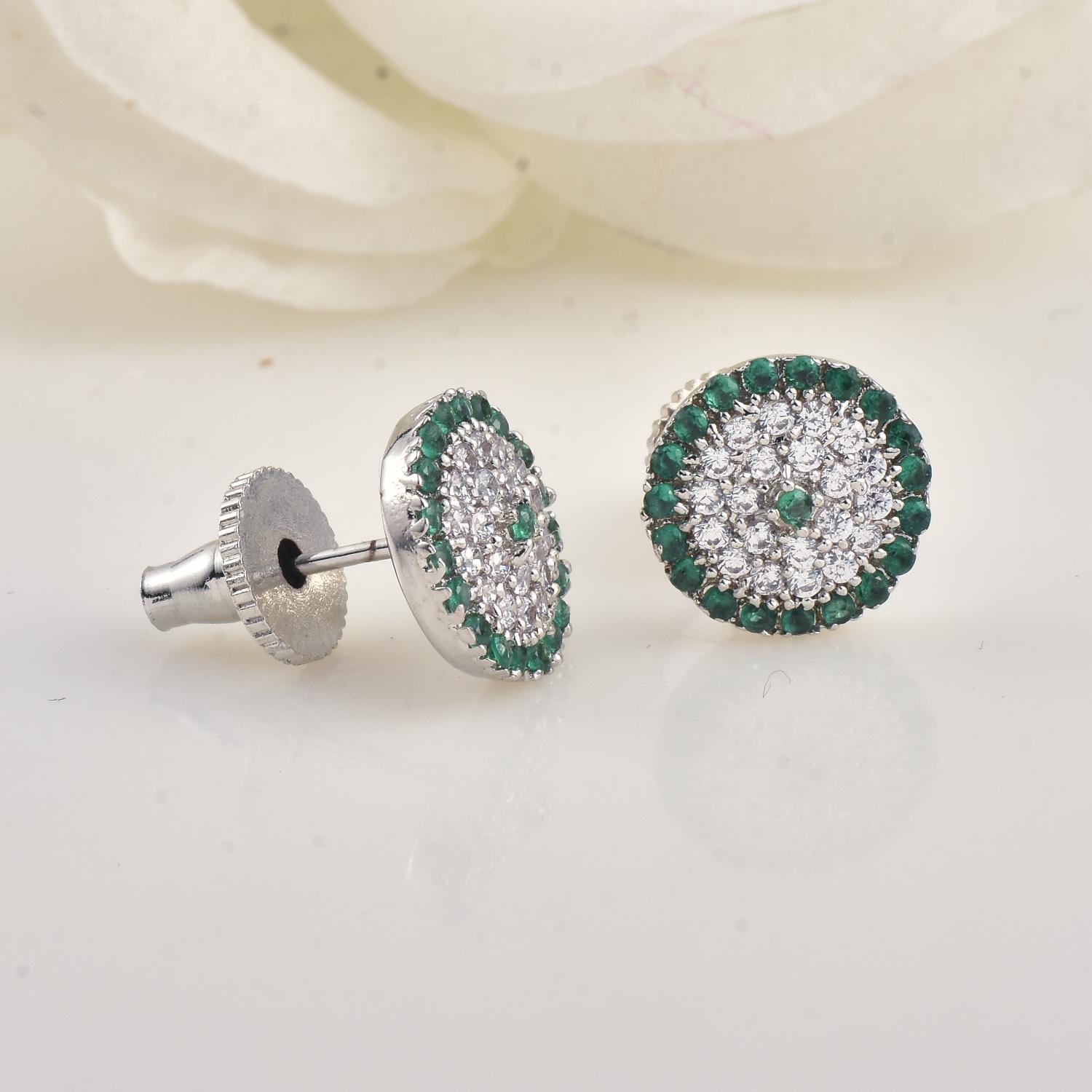 Round Green Cz Cluster Halo Brass Stud Earrings