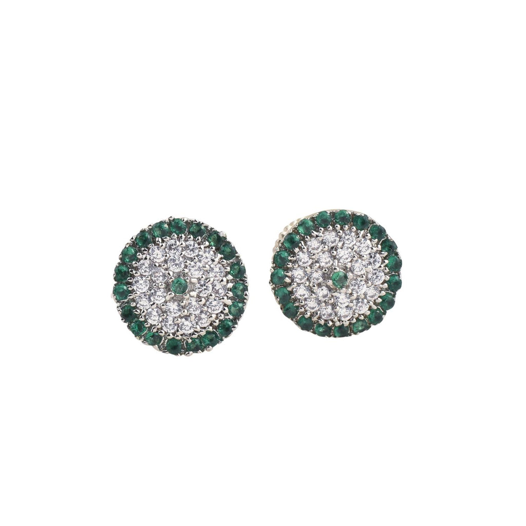 Round Green Cz Cluster Halo Brass Stud Earrings