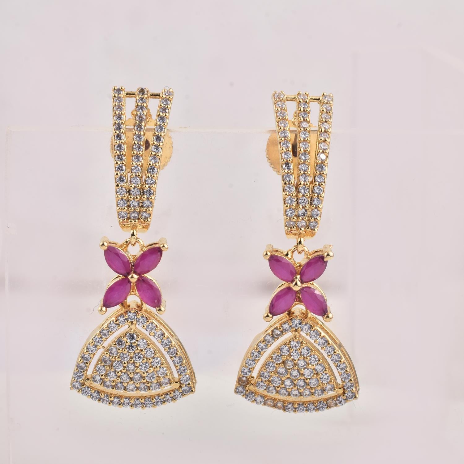 Marquise Pink CZ Gold Plated Brass Dangle Earrings