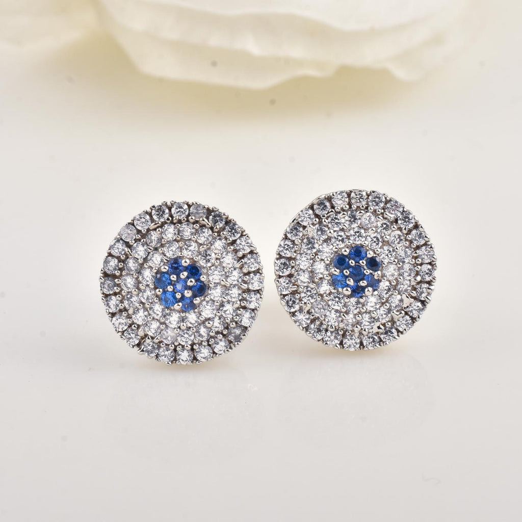 Round Blue CZ Cluster Brass Stud Earrings