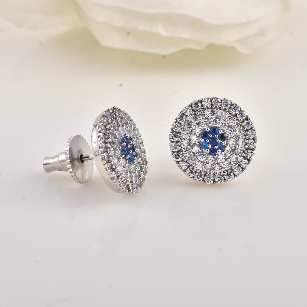 Round Blue CZ Cluster Brass Stud Earrings