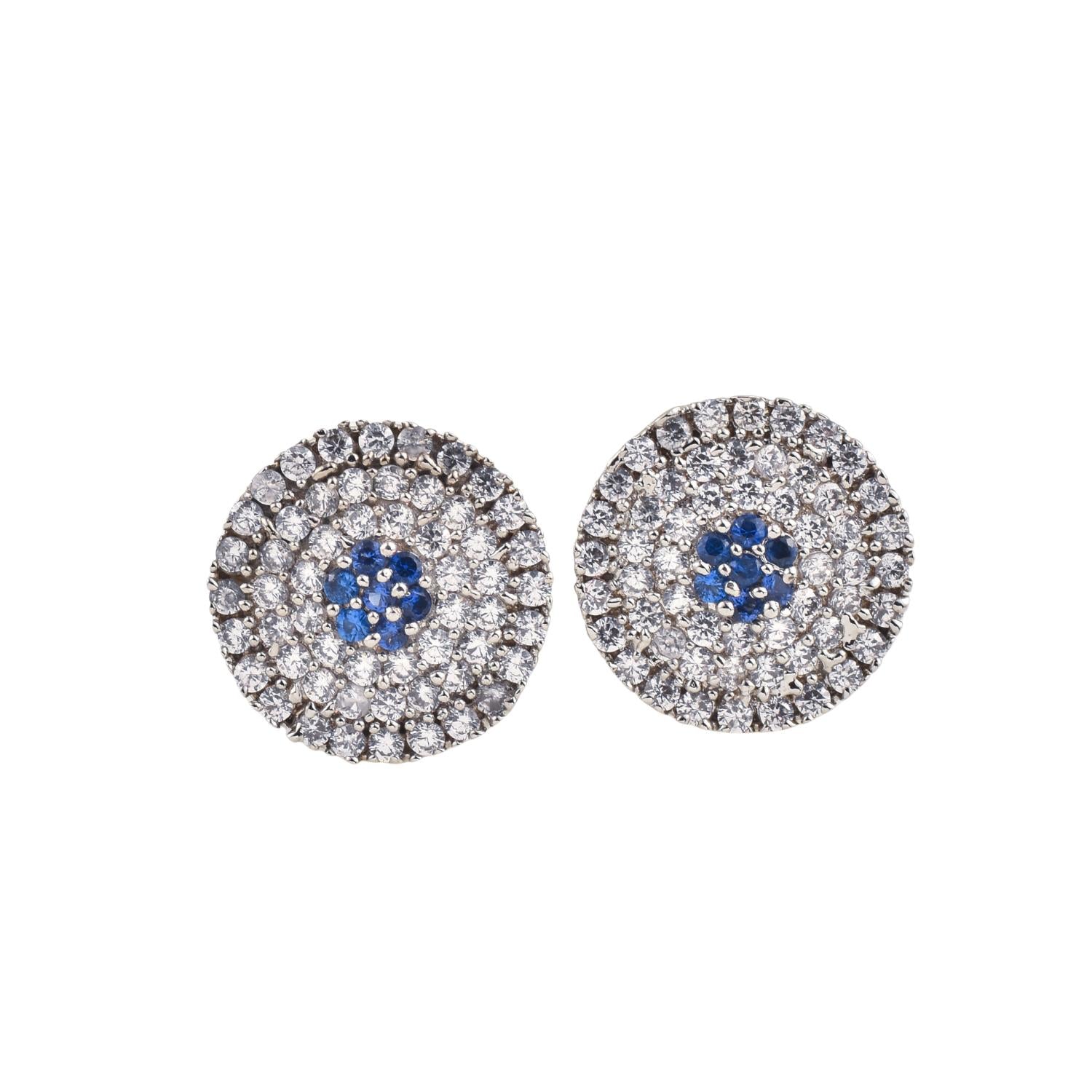 Round Blue CZ Cluster Brass Stud Earrings