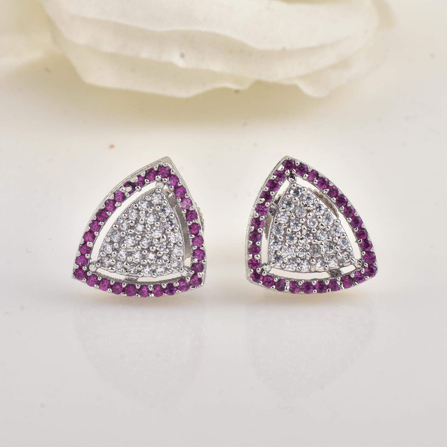 Round White CZ Triangle Cluster Brass Stud Earrings