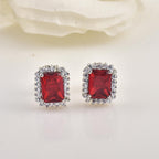 Emerald Cut Red CZ Halo Brass Stud Earrings