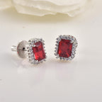 Emerald Cut Red CZ Halo Brass Stud Earrings