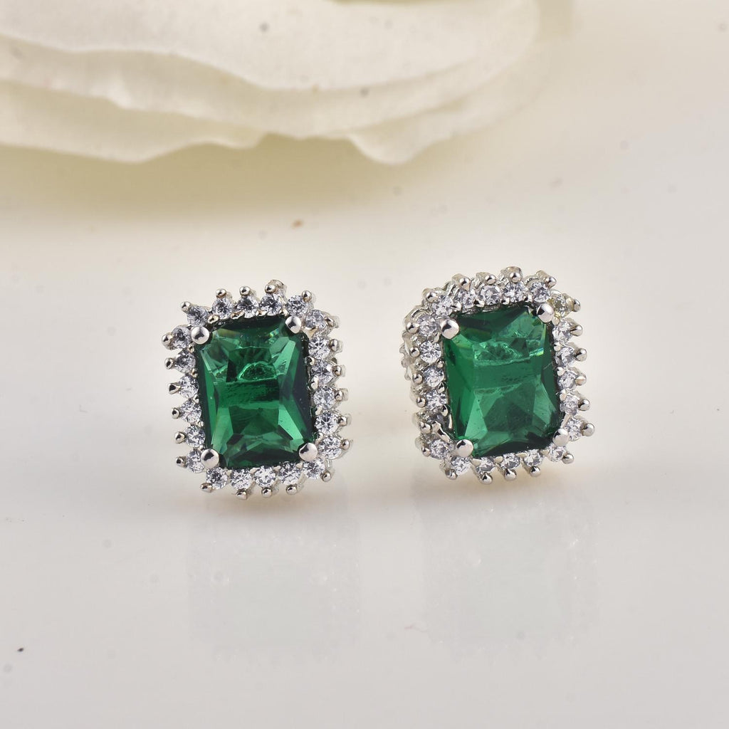 Emerald Cut Green CZ Halo Brass Stud Earrings