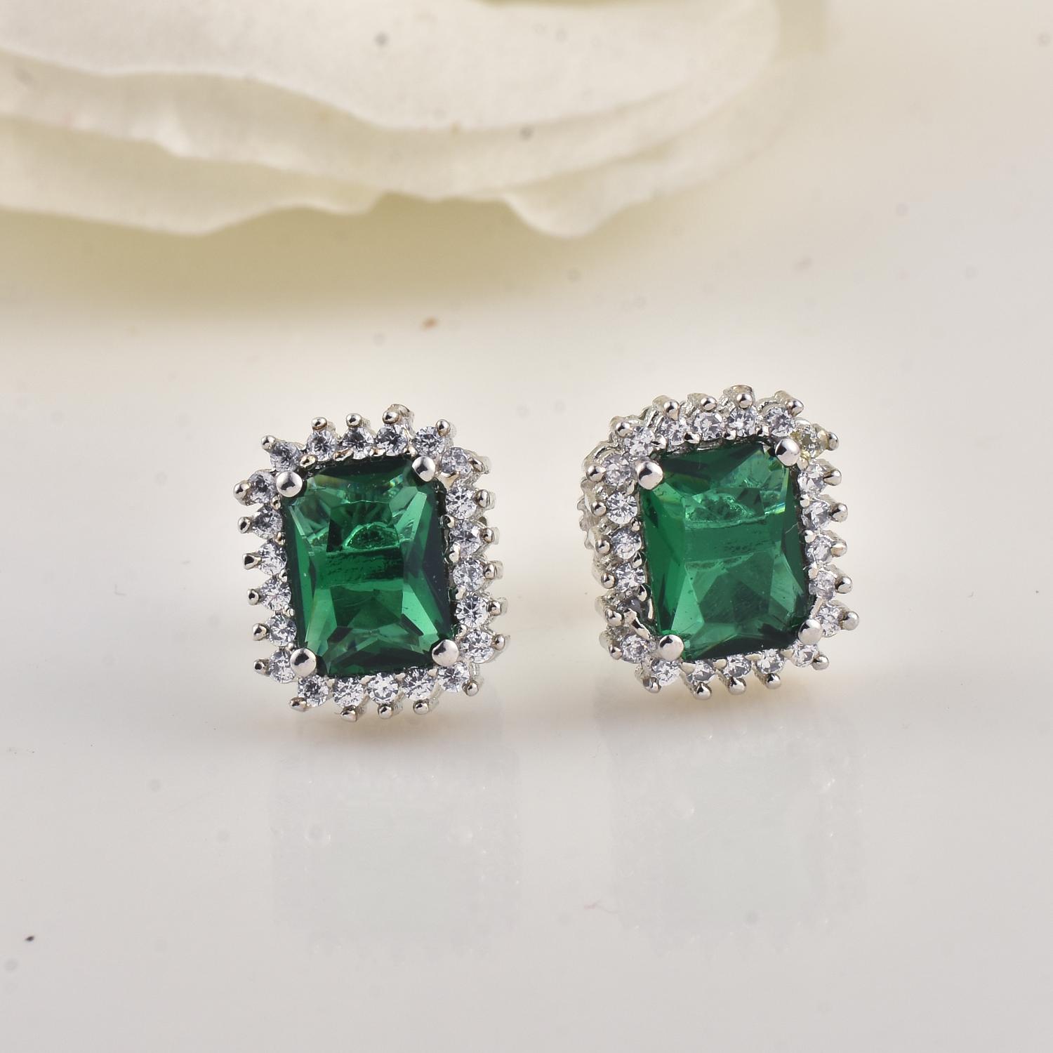 Emerald Cut Green CZ Halo Brass Stud Earrings