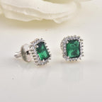 Emerald Cut Green CZ Halo Brass Stud Earrings