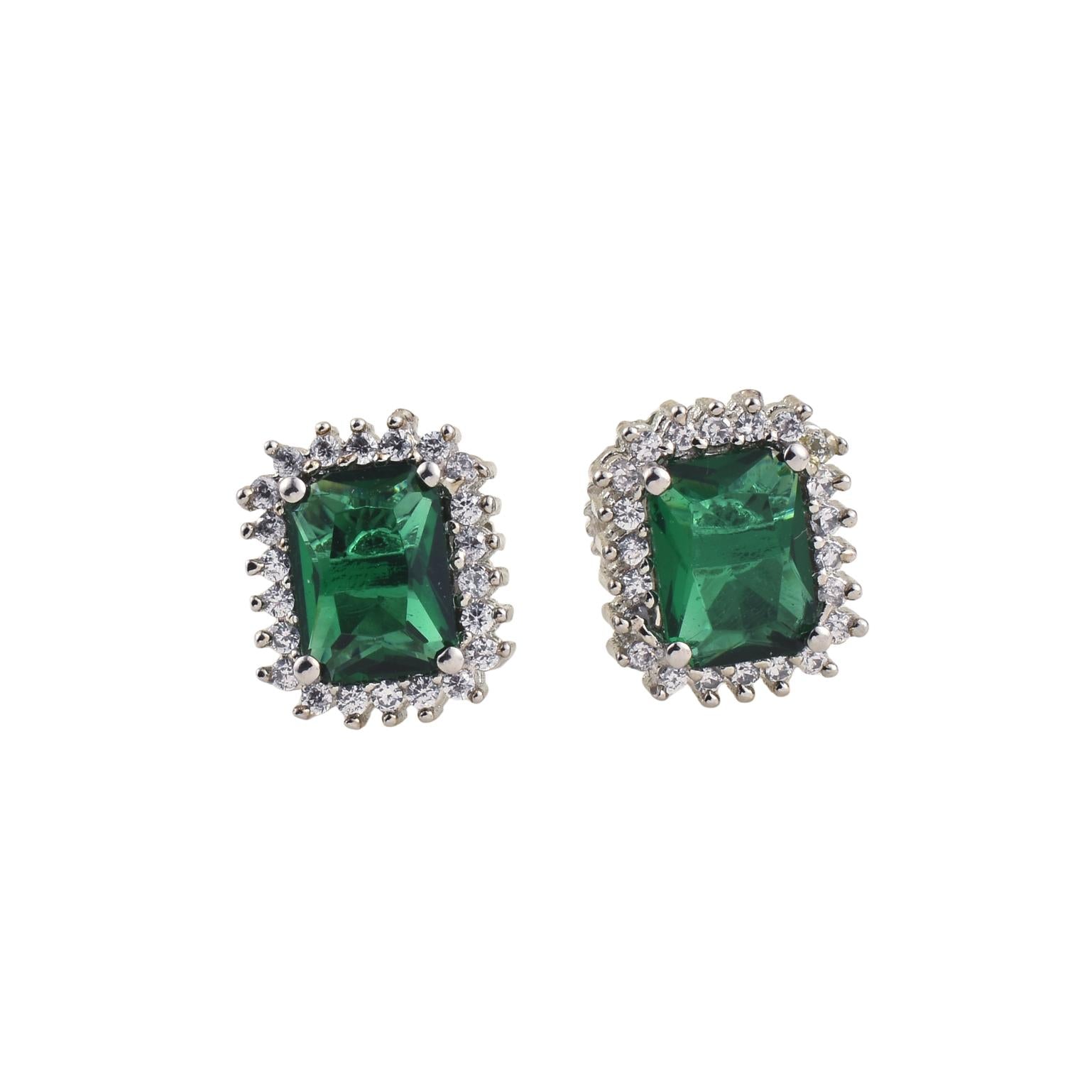 Emerald Cut Green CZ Halo Brass Stud Earrings